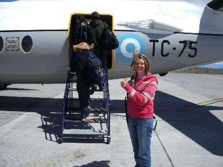 Yes, a very optimistic me, pre-take off and turbulence! Not looking so good later on : ) (see the small doorway!)