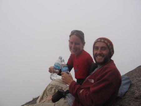 big smiles and a cheer with water, not champaign on top of Waynu Picchu! The view behind us was as you can see...
...foggy!